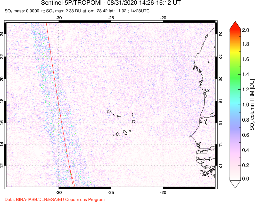 A sulfur dioxide image over Cape Verde Islands on Aug 31, 2020.