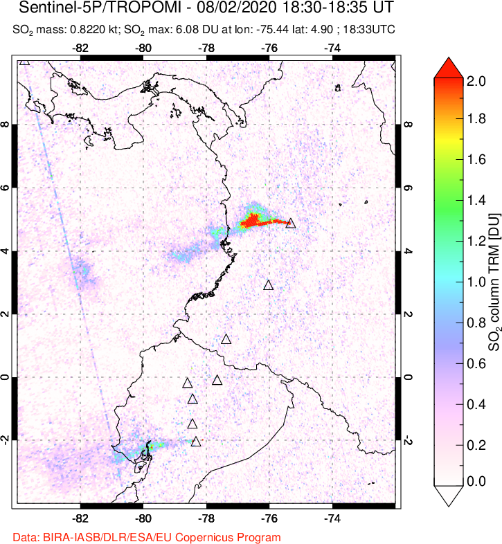 A sulfur dioxide image over Ecuador on Aug 02, 2020.