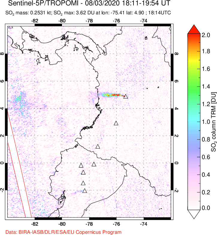 A sulfur dioxide image over Ecuador on Aug 03, 2020.