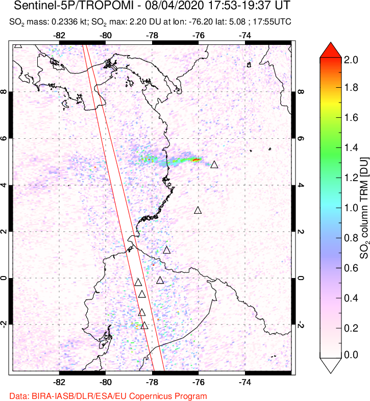 A sulfur dioxide image over Ecuador on Aug 04, 2020.