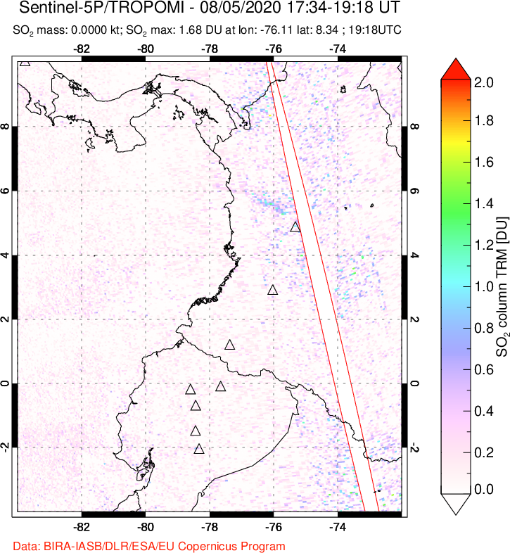 A sulfur dioxide image over Ecuador on Aug 05, 2020.