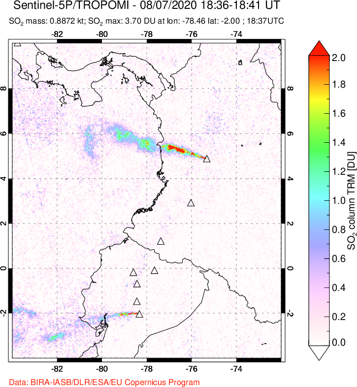A sulfur dioxide image over Ecuador on Aug 07, 2020.