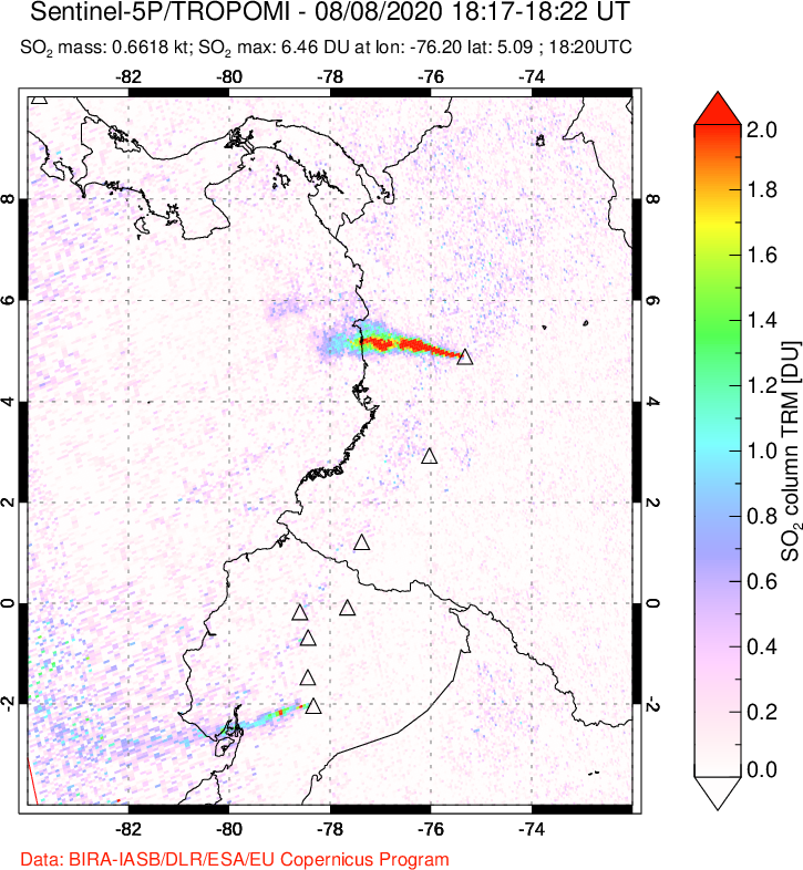 A sulfur dioxide image over Ecuador on Aug 08, 2020.