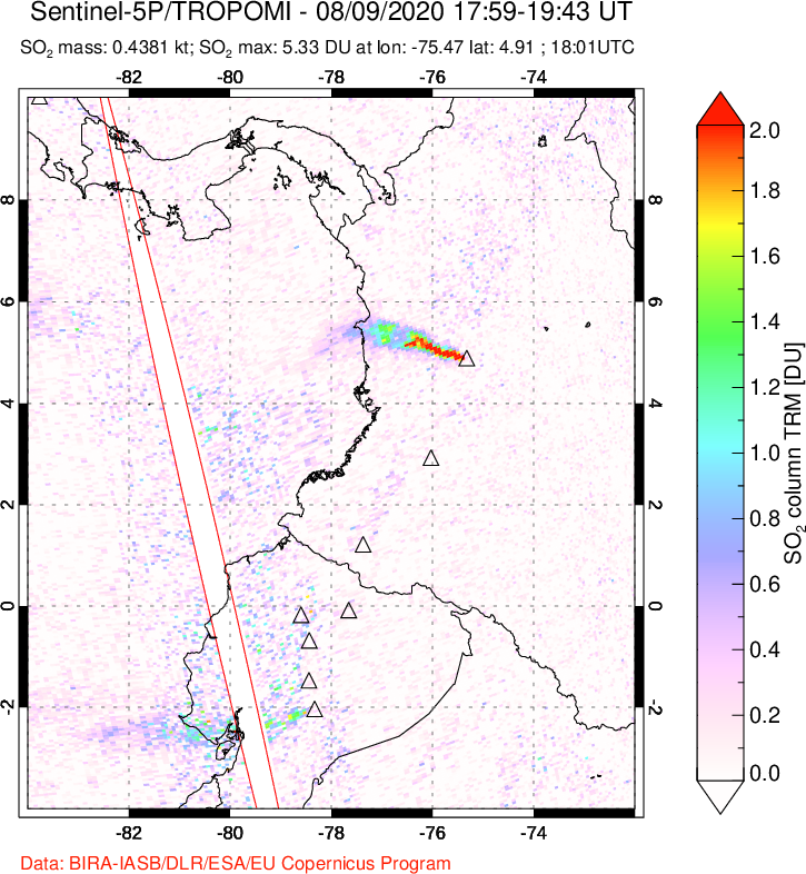 A sulfur dioxide image over Ecuador on Aug 09, 2020.