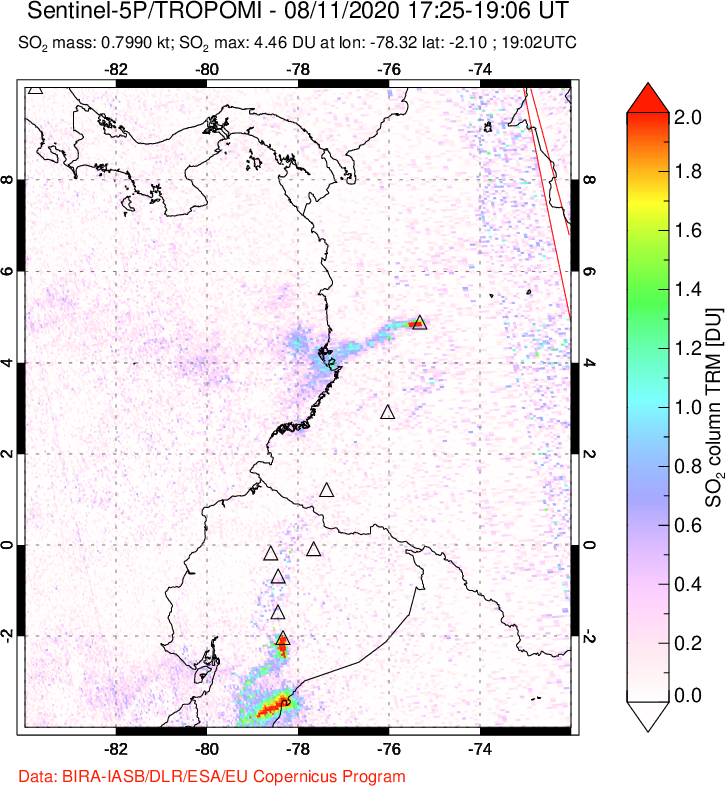 A sulfur dioxide image over Ecuador on Aug 11, 2020.