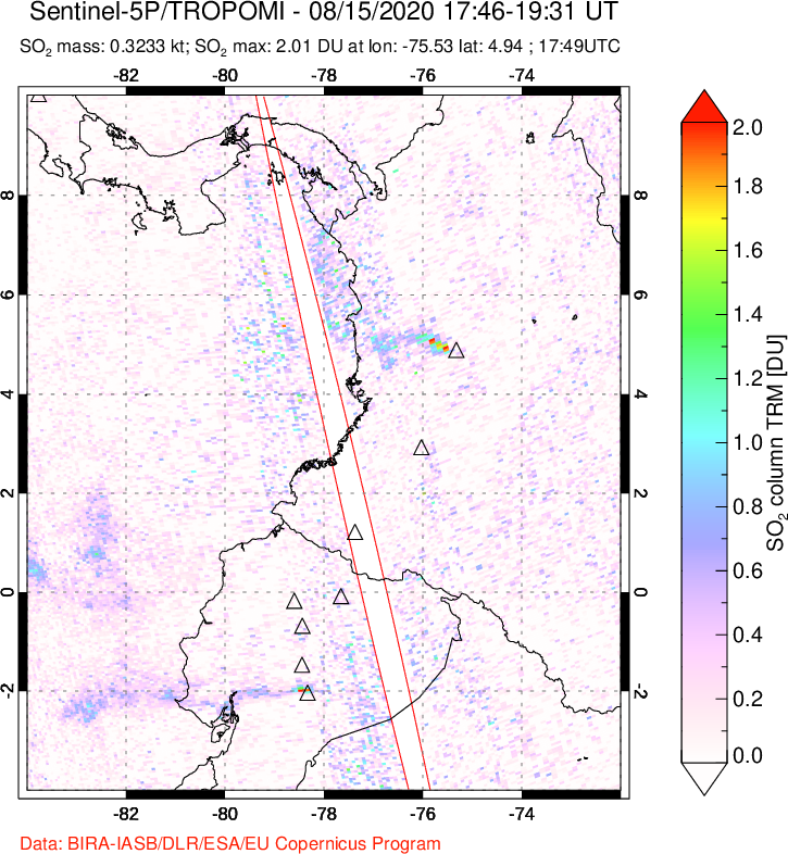 A sulfur dioxide image over Ecuador on Aug 15, 2020.