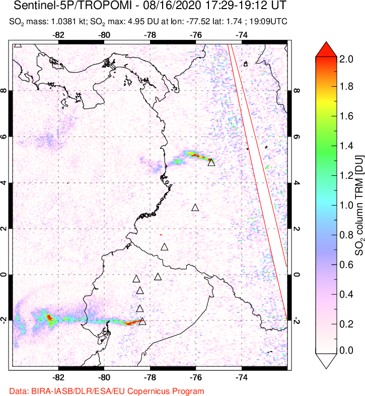 A sulfur dioxide image over Ecuador on Aug 16, 2020.