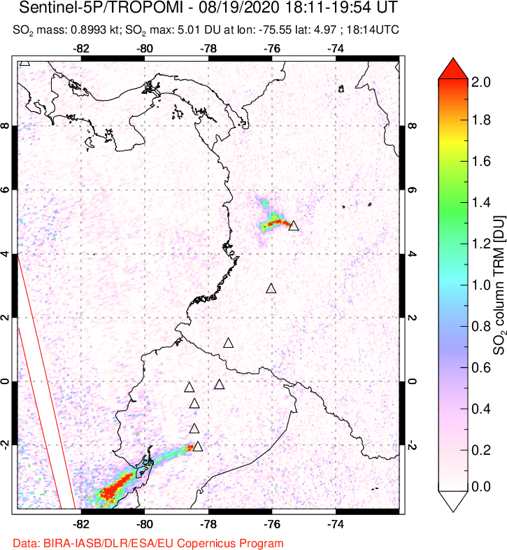 A sulfur dioxide image over Ecuador on Aug 19, 2020.