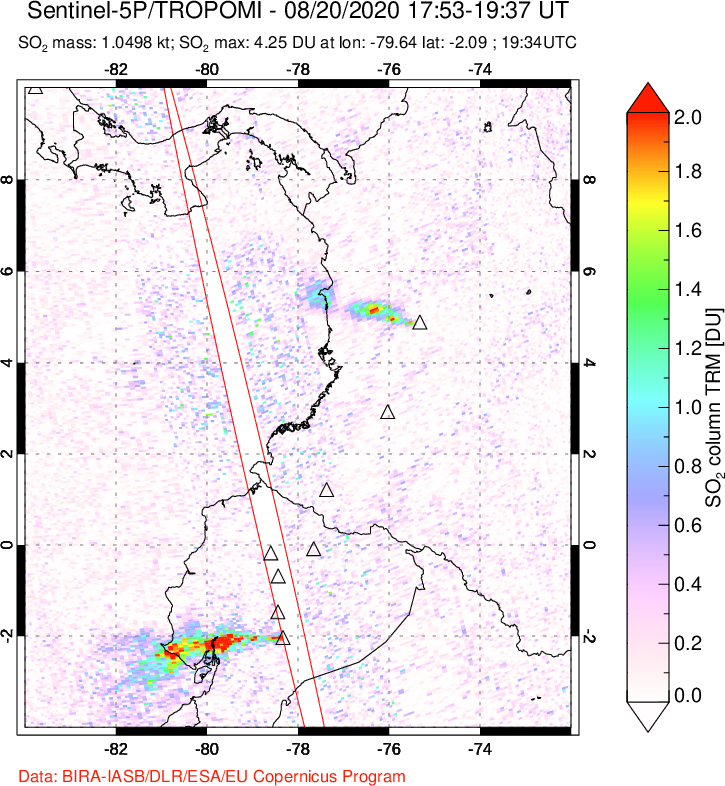 A sulfur dioxide image over Ecuador on Aug 20, 2020.