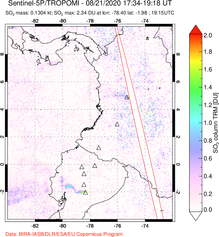 A sulfur dioxide image over Ecuador on Aug 21, 2020.