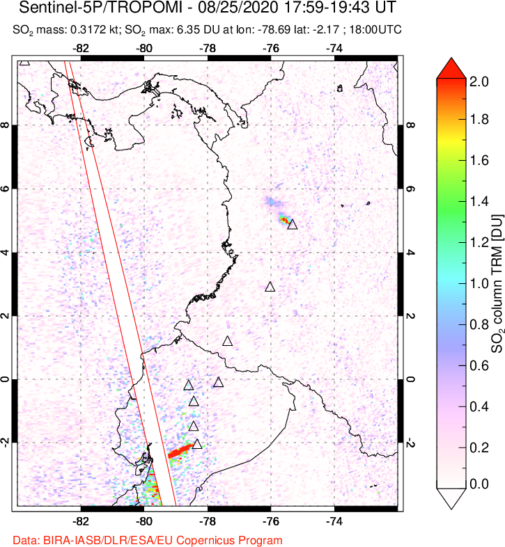 A sulfur dioxide image over Ecuador on Aug 25, 2020.