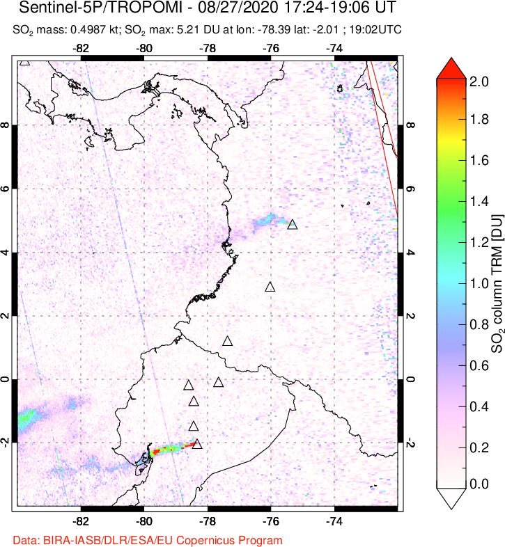 A sulfur dioxide image over Ecuador on Aug 27, 2020.