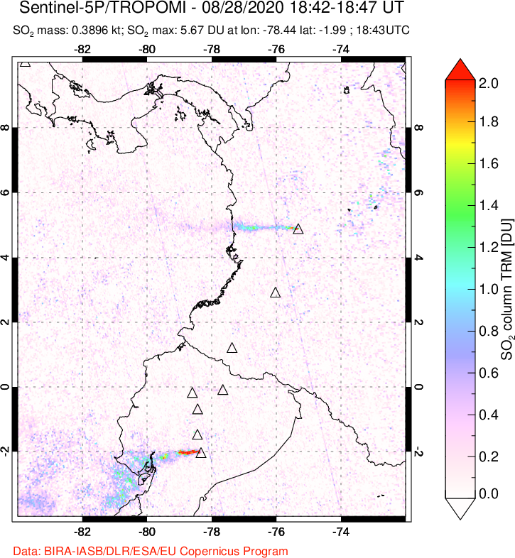 A sulfur dioxide image over Ecuador on Aug 28, 2020.
