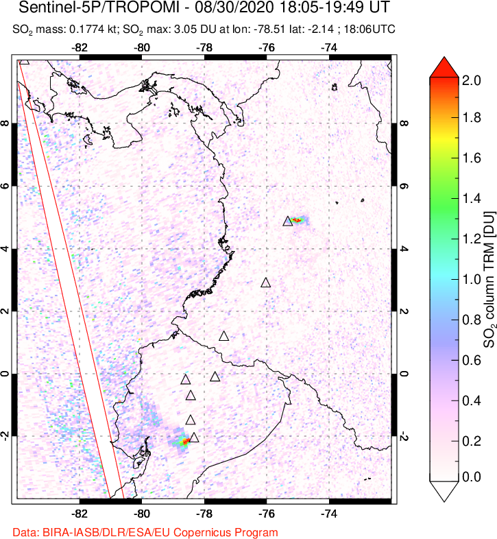A sulfur dioxide image over Ecuador on Aug 30, 2020.