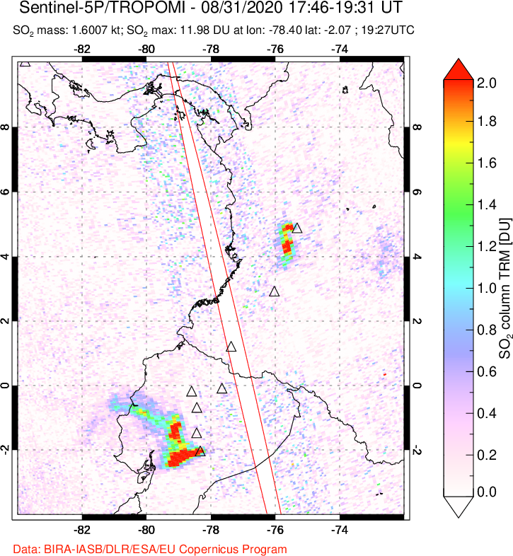 A sulfur dioxide image over Ecuador on Aug 31, 2020.