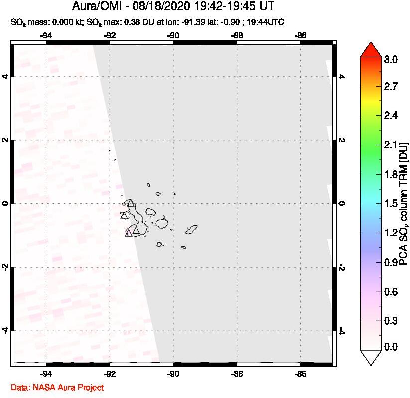 A sulfur dioxide image over Galápagos Islands on Aug 18, 2020.