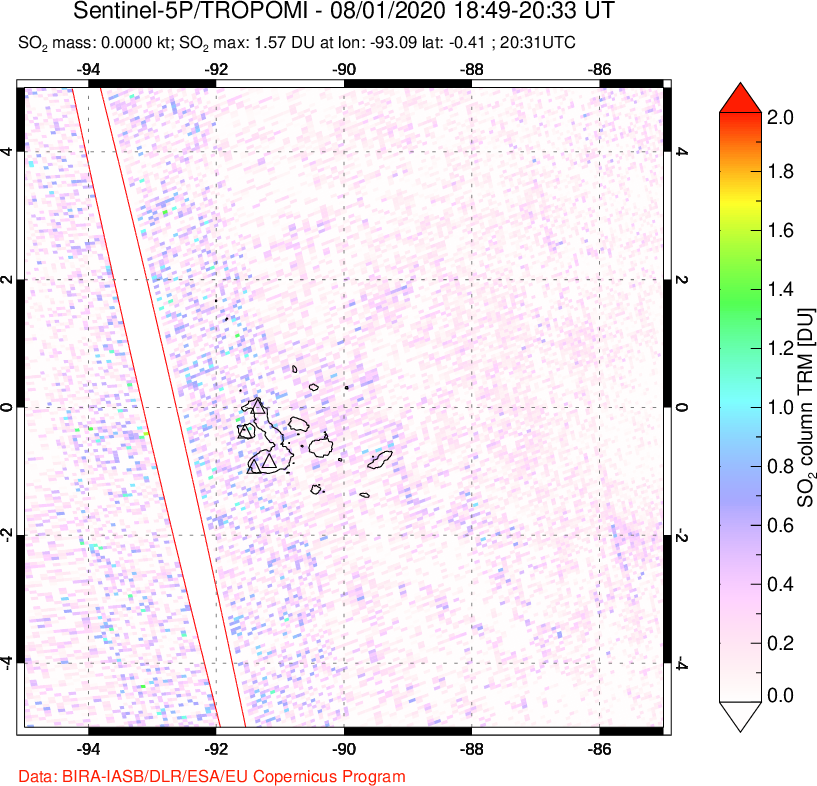 A sulfur dioxide image over Galápagos Islands on Aug 01, 2020.