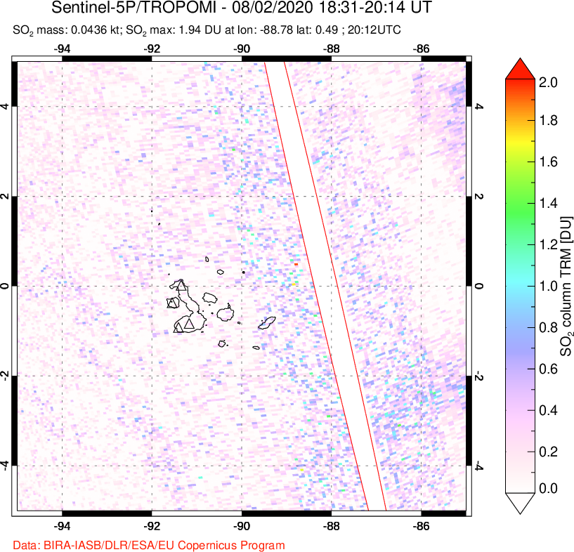 A sulfur dioxide image over Galápagos Islands on Aug 02, 2020.