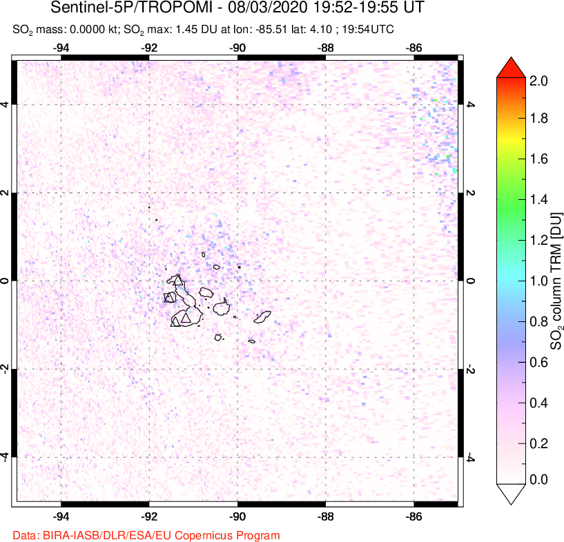 A sulfur dioxide image over Galápagos Islands on Aug 03, 2020.