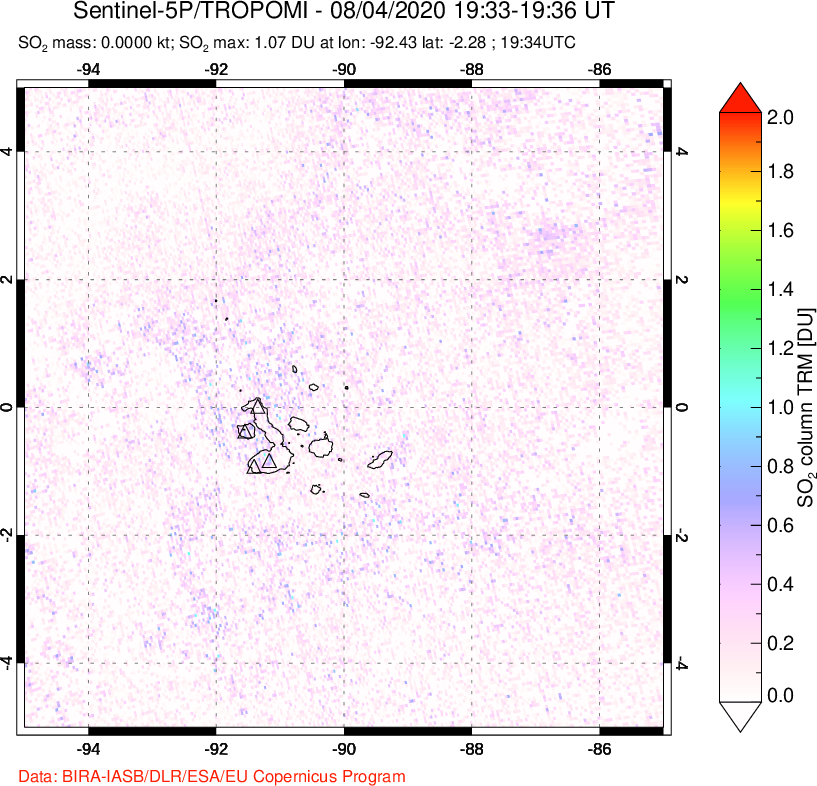 A sulfur dioxide image over Galápagos Islands on Aug 04, 2020.