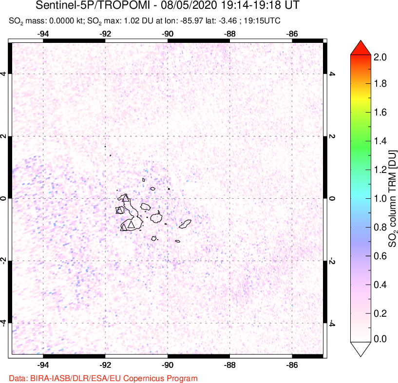 A sulfur dioxide image over Galápagos Islands on Aug 05, 2020.