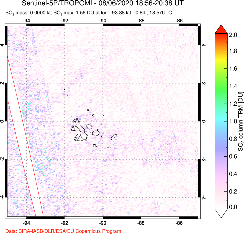 A sulfur dioxide image over Galápagos Islands on Aug 06, 2020.