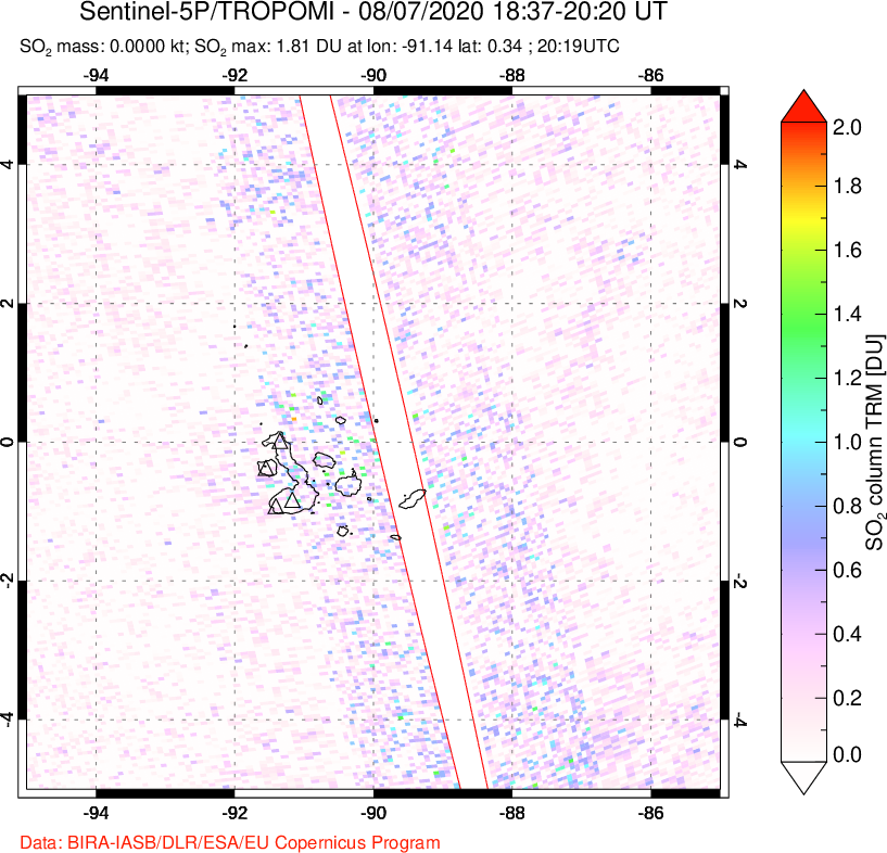 A sulfur dioxide image over Galápagos Islands on Aug 07, 2020.