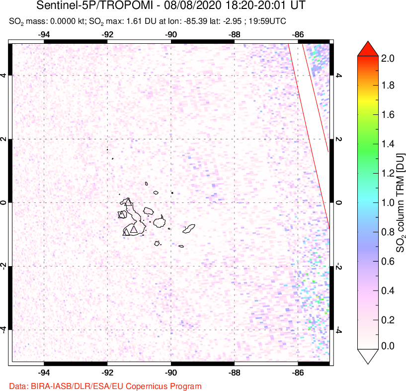 A sulfur dioxide image over Galápagos Islands on Aug 08, 2020.