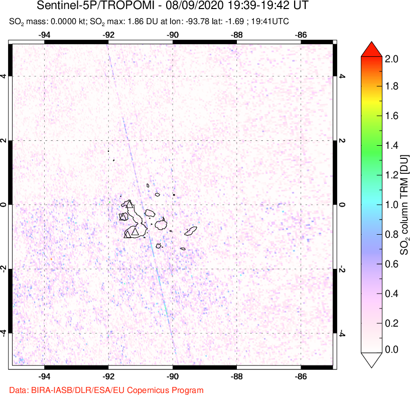 A sulfur dioxide image over Galápagos Islands on Aug 09, 2020.