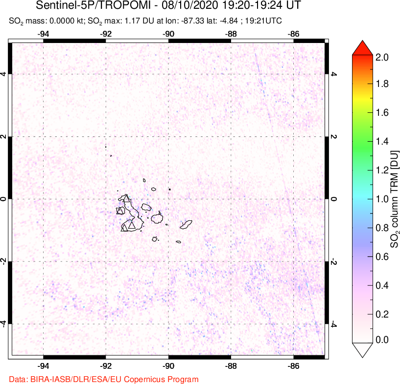 A sulfur dioxide image over Galápagos Islands on Aug 10, 2020.