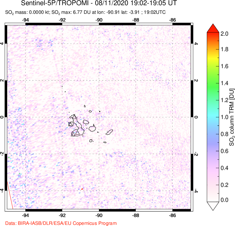 A sulfur dioxide image over Galápagos Islands on Aug 11, 2020.