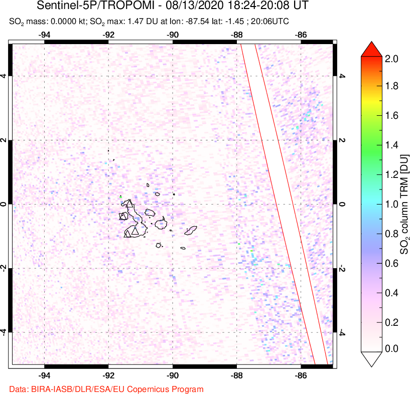 A sulfur dioxide image over Galápagos Islands on Aug 13, 2020.