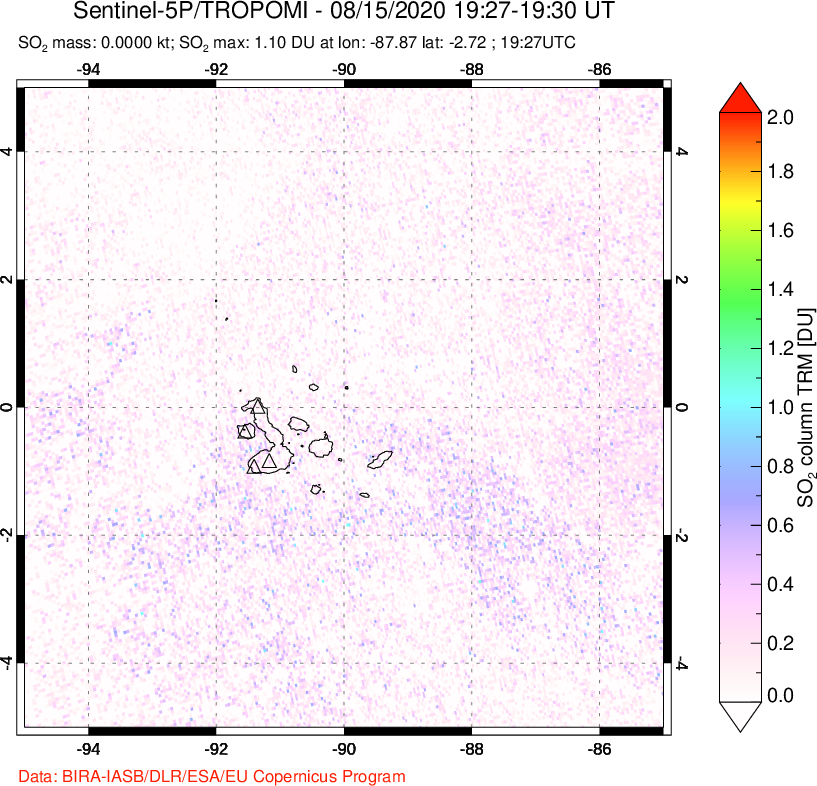 A sulfur dioxide image over Galápagos Islands on Aug 15, 2020.