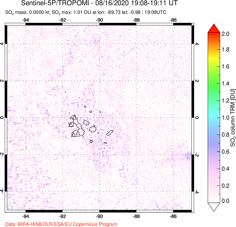 A sulfur dioxide image over Galápagos Islands on Aug 16, 2020.