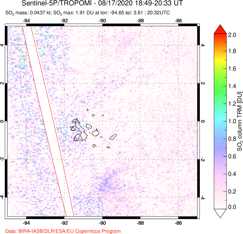 A sulfur dioxide image over Galápagos Islands on Aug 17, 2020.