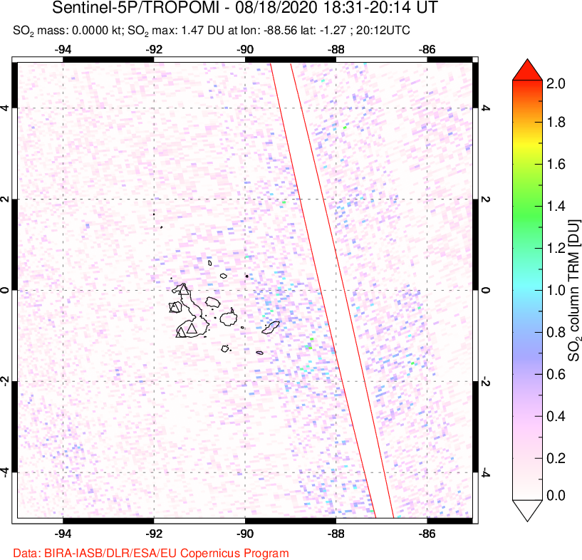 A sulfur dioxide image over Galápagos Islands on Aug 18, 2020.