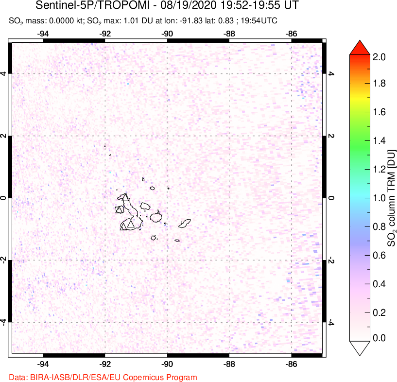 A sulfur dioxide image over Galápagos Islands on Aug 19, 2020.