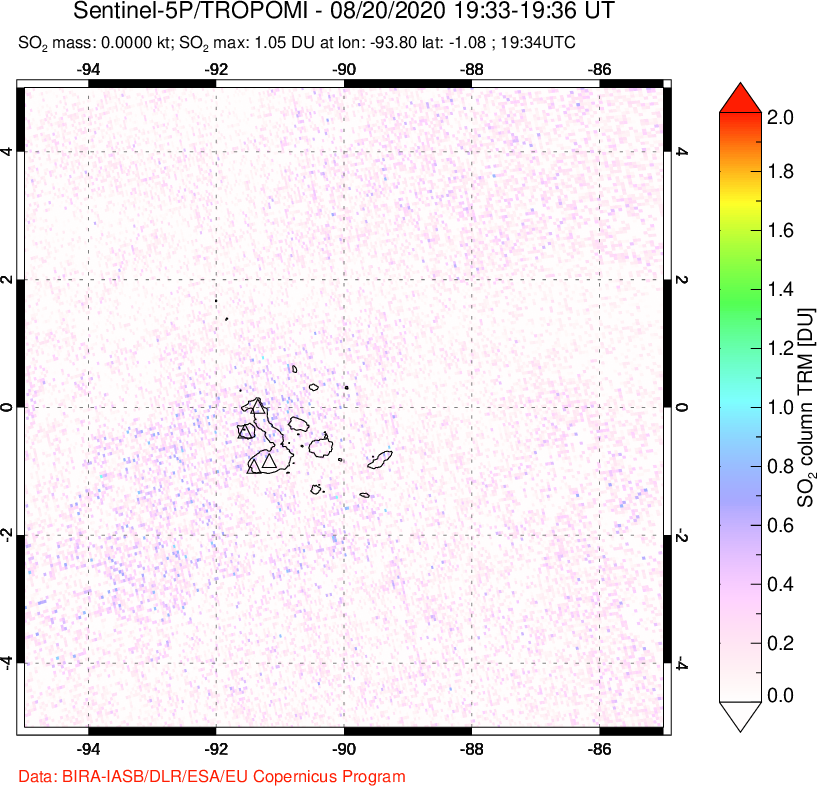 A sulfur dioxide image over Galápagos Islands on Aug 20, 2020.