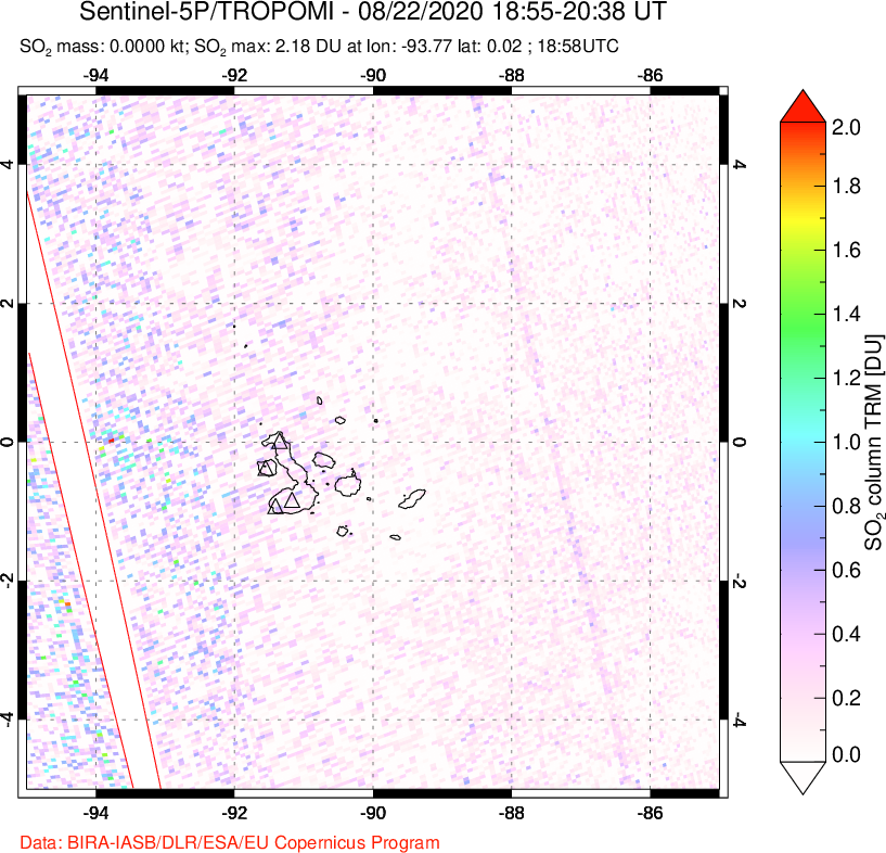 A sulfur dioxide image over Galápagos Islands on Aug 22, 2020.