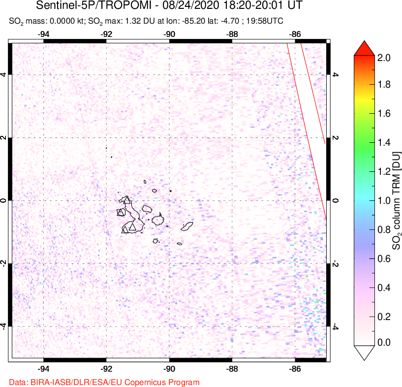 A sulfur dioxide image over Galápagos Islands on Aug 24, 2020.