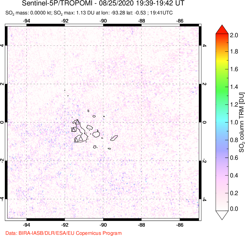 A sulfur dioxide image over Galápagos Islands on Aug 25, 2020.