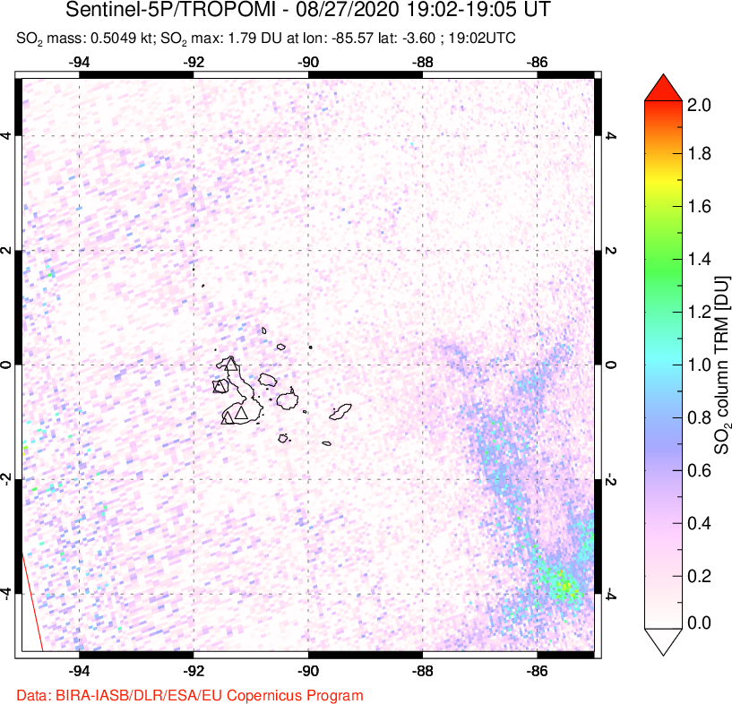 A sulfur dioxide image over Galápagos Islands on Aug 27, 2020.