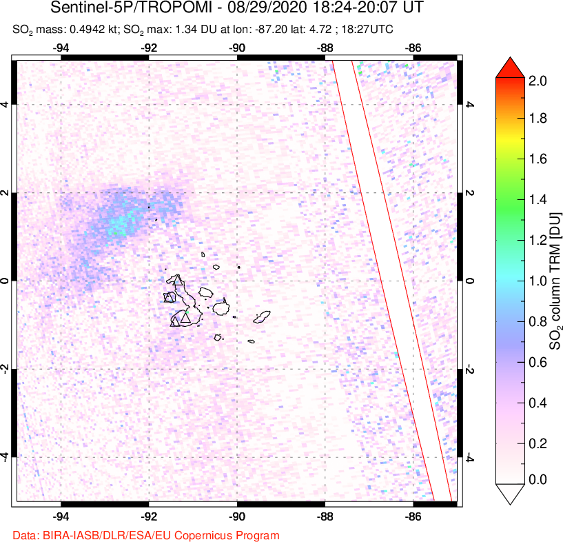 A sulfur dioxide image over Galápagos Islands on Aug 29, 2020.