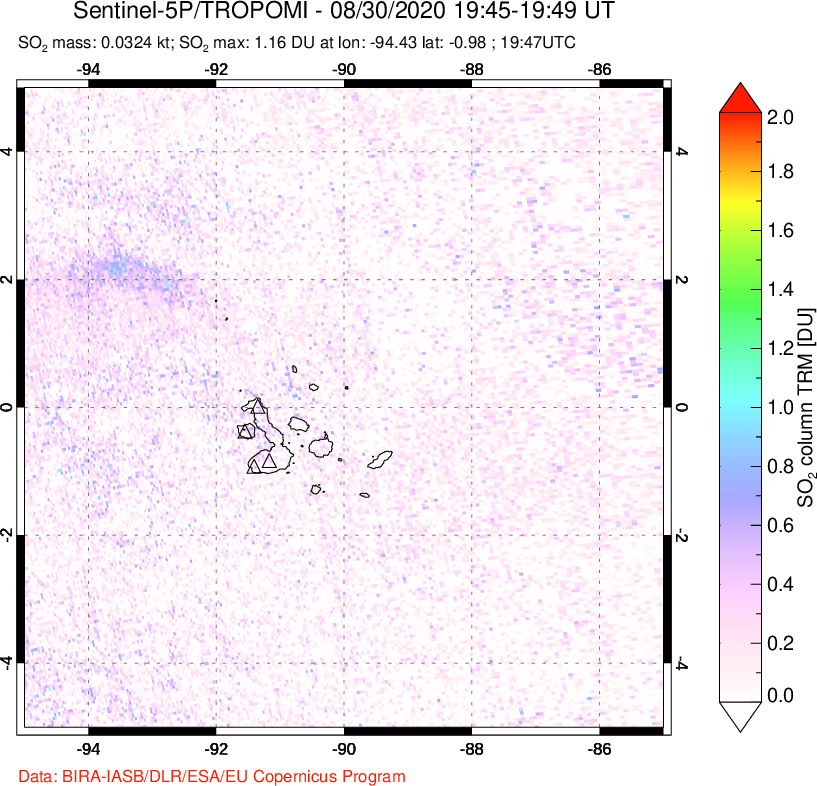 A sulfur dioxide image over Galápagos Islands on Aug 30, 2020.