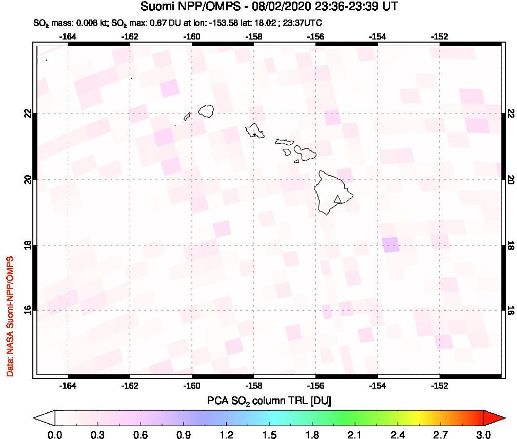 A sulfur dioxide image over Hawaii, USA on Aug 02, 2020.