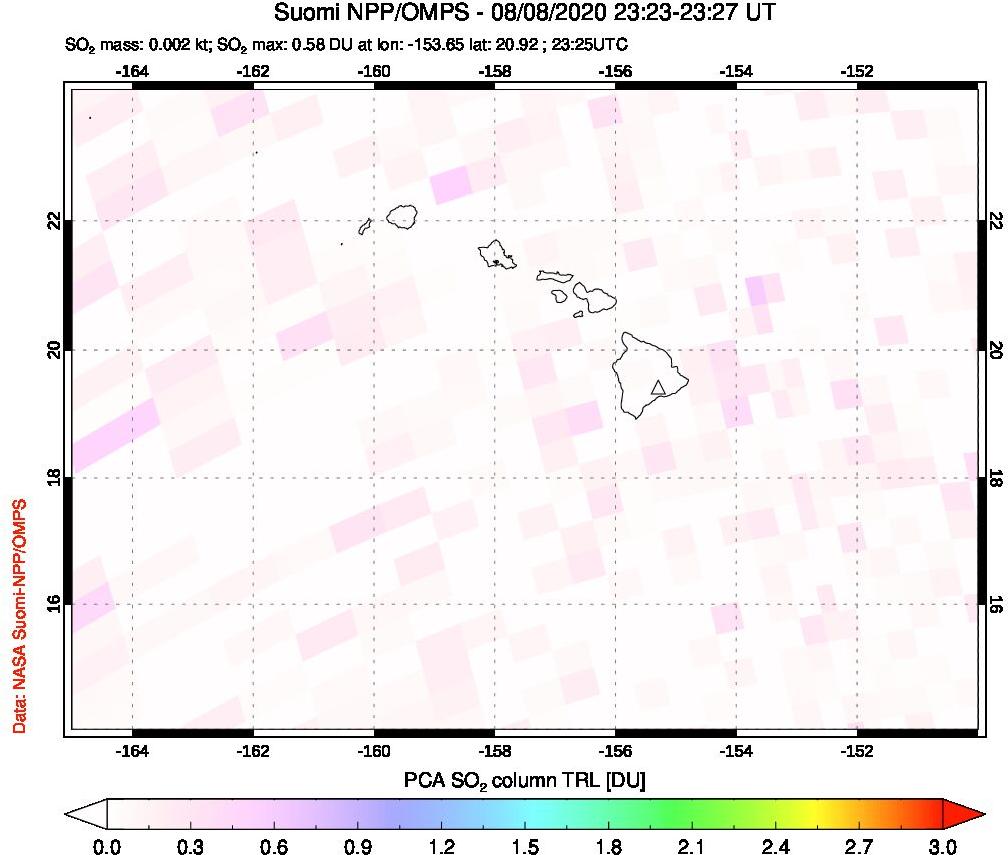 A sulfur dioxide image over Hawaii, USA on Aug 08, 2020.