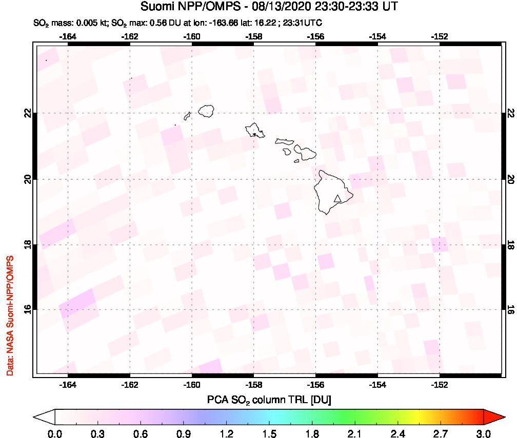 A sulfur dioxide image over Hawaii, USA on Aug 13, 2020.