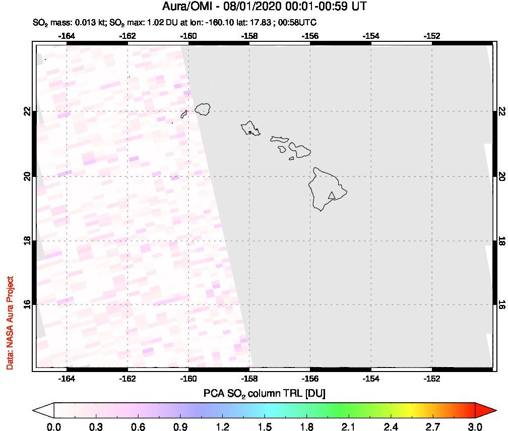 A sulfur dioxide image over Hawaii, USA on Aug 01, 2020.