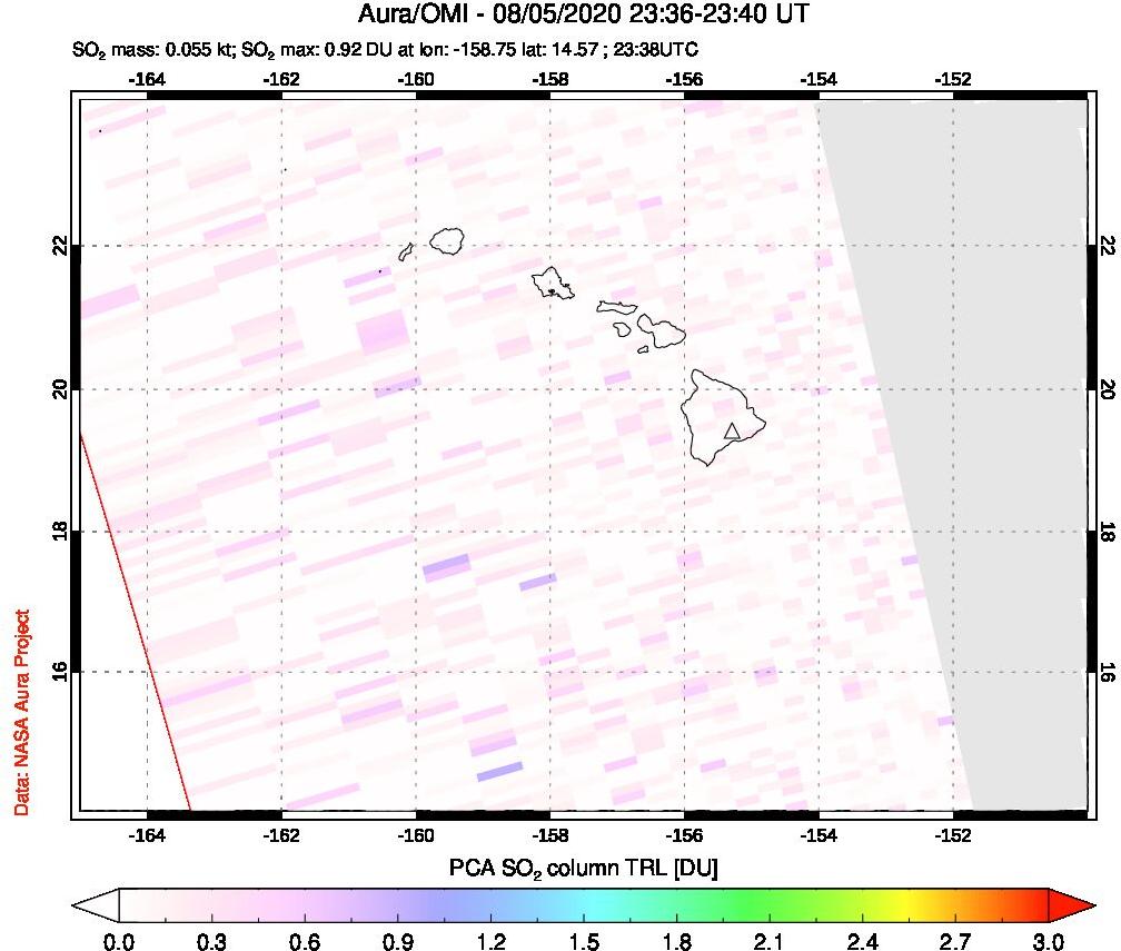 A sulfur dioxide image over Hawaii, USA on Aug 05, 2020.