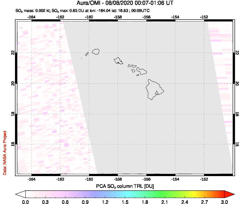 A sulfur dioxide image over Hawaii, USA on Aug 08, 2020.